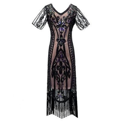 Anni Ruggenti Anni 1920 Lunghezza al ginocchio Lunghezza corta Abito Flapper Manica illusione Maniche corte Il grande Gatsby Invitato al matrimonio Paillettes Paillettes Scollo a V Costume Per donna