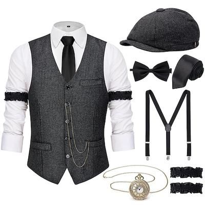 Anni Ruggenti Anni 1920 Retrò Vintage Abiti Gilet Set di accessori Gentiluomo Gangster Costume Per uomo Costume di Carnevale 8 pezzi Natale Halloween Carnevale Mascherata Cocktail party Festa a Tema