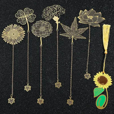 1Pcs, Handmade Beautiful Flower Bookmark, Sunflower & Lotus, Brass Metal Bookmarks for Book Lovers Stationery, Reading Markers