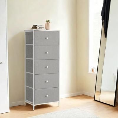 TEMU Drawer Storage Unit, Dresser With 5 Fabric Drawers, Metal Frame, Tall And Slim, For Bedroom Closet, Grey And Cream White