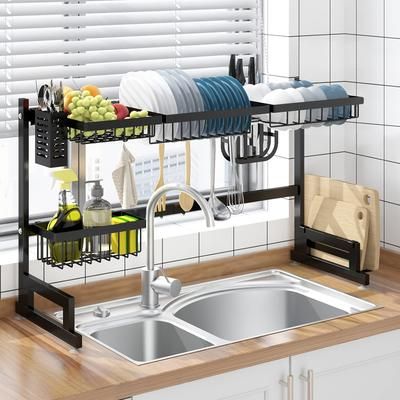 TEMU Adjustable Metal Over Sink Dish Drying Rack With Utensil Holder And Organizer, Extendable Double Countertop Drainer, Space-saving Kitchen Storage Solution, Black