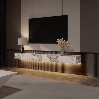 86.61"Modern Glossy Sintered Stone Floating TV Stand with LED Lights, Pandora Wall-Mounted TV Console with Drawers with Adjustable Light