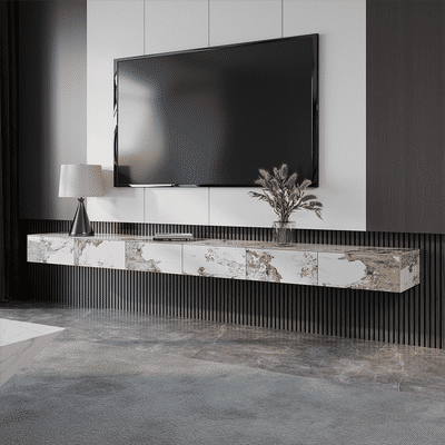 Modern Pandora Floating TV Stand, Glossy Sintered Stone Wall-mounted TV Console with Drawers Storage, Flip-down Door, 110.24"