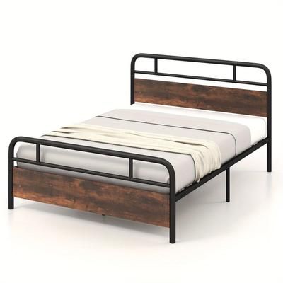 TEMU 1pc Costway King Size Bed Frame Platform, Metal Slats Support Bed W/ Industrial Headboard