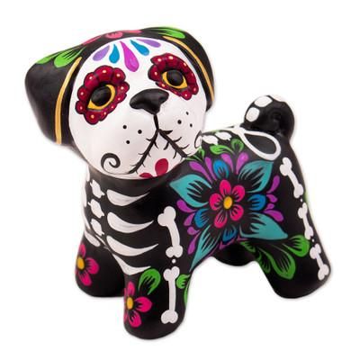 'Andean-Made Painted Day of the Dead Puppy Ceramic Figurine'