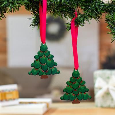 'Nature-Themed Christmas Tree-Shaped Green Wood Ornament Pair'