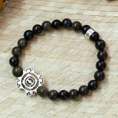 Sublime Sun,'Men's Onyx Stretch Bracelet with Taxco Silver Sun Pendant'