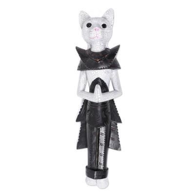White Palace Cat,'Wood Sculpture of a White Cat in Ancient Thai Dress'