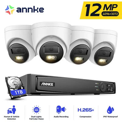 ANNKE 12MP Dual Light Smart Video Surveillance Kit 4PCS POE Camera WIth 12MP NVR Smart Home Camera 8CH NVR Outdoor Built-in mic