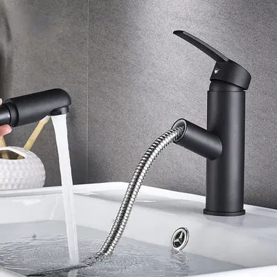 Single handle pull-out bathroom sink faucet hot and cold water countertop installation water use mode