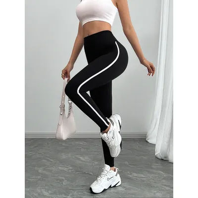 Women's High Waist Yoga Leggings Black Striped Tights Sports Pants