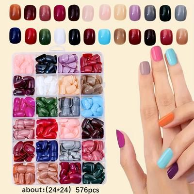 TEMU 576pcs Pure -on Nails Set - , Short Square False Nail Tips, 24-grid Manicure Diy Kit
