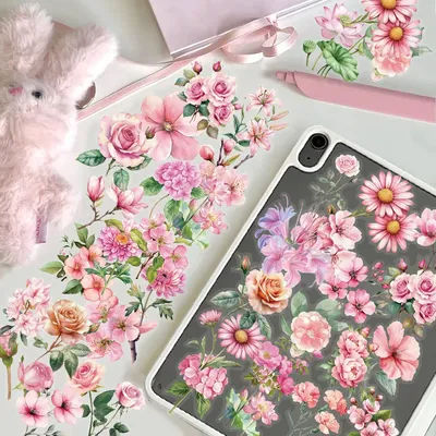 50PCS Pink Flower Series Plastic Stickers Luggage Handbook Material Retro Flower Plant Waterproof Stickers