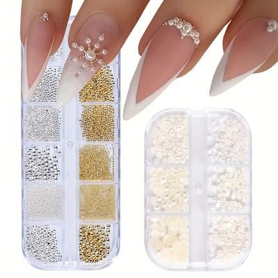 TEMU 1000pcs (2 Boxes) Of Nail Flat Pearls, White Half-round Nail Art Supplies, Luxurious Accessories, Mixed Rhinestones In Sizes From 0.8mm To 5mm For Women's Nail Decoration.