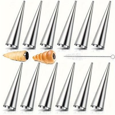 TEMU [12pcs Stainless Steel Pastry Molds] 12pcs Stainless Steel Horn Molds With Cleaning Brush, Cone-shaped Pastry Tubes For Croissants, Dessert & Bread Baking, Diy Kitchen Baking Tools
