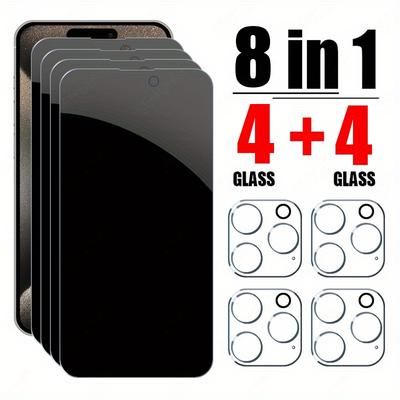 TEMU Privacy Tempered Glass Screen Protector, 4pcs Full Coverage For Iphone 11-16 Pro Max, Plus, With 4pcs Camera Lens, Universal Fit