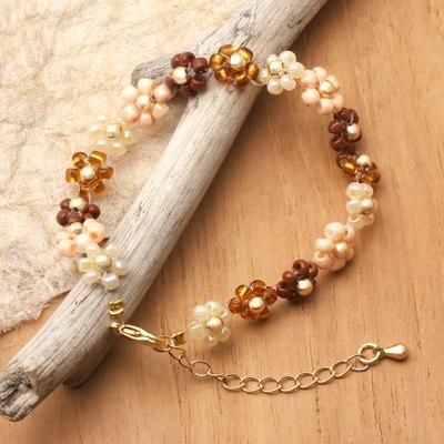'Floral Gold-Accented Crystal Beaded Bracelet in Warm Hues'