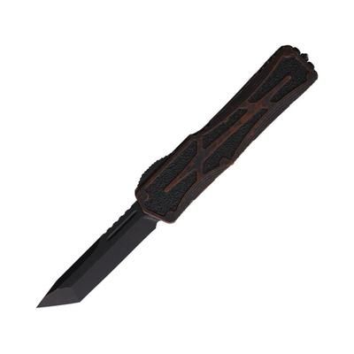 Heretic Knives Auto Colossus OTF Automatic Folding Knives 3.5in Black Stonewash Finish CPM MagnaCut Stainless Tanto Blade Rootbeer Aluminum Handle