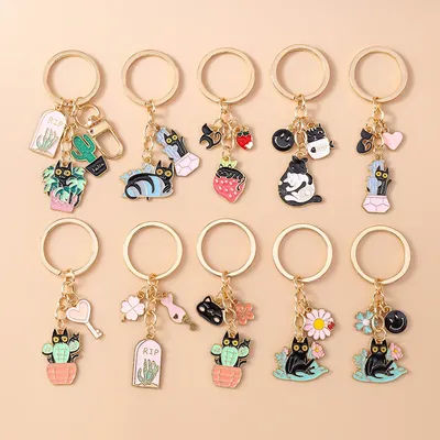 Cute Enamel Cartoon Cat Keychain Potted Plant Flower Key Ring for Women Girls Handbag Pendants DIY Handmade Jewelry Gift