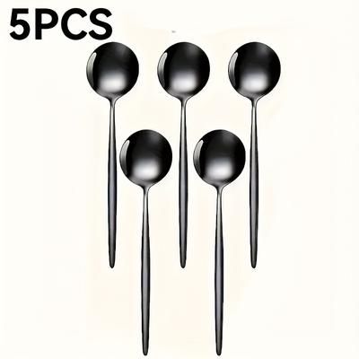TEMU Set Of 5 Black Stainless Steel Coffee Spoons - Mirror Polished, Dishwasher Safe, Ideal For Coffee, Sugar, Desserts - Home, Kitchen, Restaurant Use