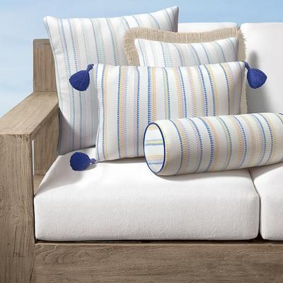 Regina Stripe Indoor/Outdoor Pillow - Glacier, 20" x 20" Square Glacier, 20" x 20" Square in Glacier with Antique Beige Fringe - Frontgate