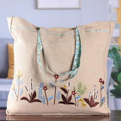 'Rayon Embroidered Cotton Tote Bag with Spring-Themed Details'