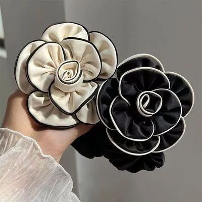 1 Pc Black Beige Camellia Headband Accessory Patch DIY Clothing Headband Hair Ring Accessory 8.2CM