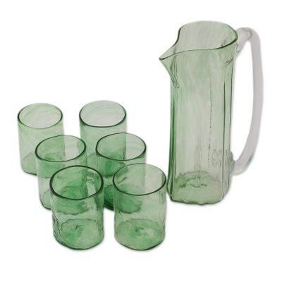 'Handblown 7-Piece Pitcher and Tumbler Set in Clear Green'