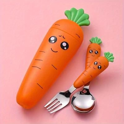 TEMU Set Of Stainless Steel Fork And Spoon Shaped Like Carrots, For - Ideal Portable Cutlery.