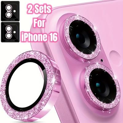 TEMU 2+2pcs For Iphone 16 / For Iphone 16 Plus Camera Lens Protector, Installation Tray, Individual Metal 9h Tempered Glass Camera Cover Protector, High Definition Transparent