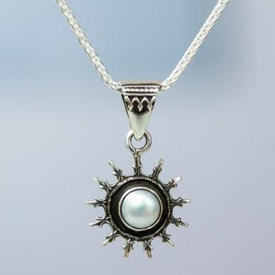 'Sun-Themed Sterling Silver and White Pearl Pendant Necklace'