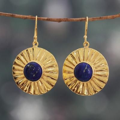 'Sun-Themed Polished Brass and Lapis Lazuli Dangle Earrings'