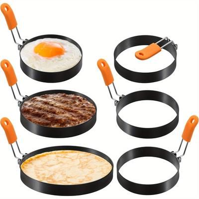 TEMU 6pcs Professional Egg Ring Pancake Ring Set, Stainless Steel Fried Egg Ring Griddle Pancake Shapers With Orange Silicone Handle For Breakfast Omelette Sandwich