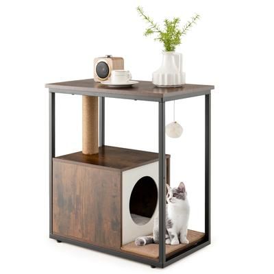 TEMU Goflame Rustic Brown Indoor Cat Furniture End Table Cat House Wooden Cat Scratch Side Table