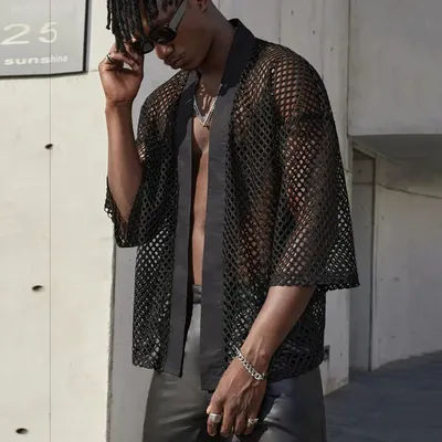 Hommes hauts en maille évider T-shirt masculin Cardigan châle Streetwear hommes mode Performance porter chemise haute Chemise Homme