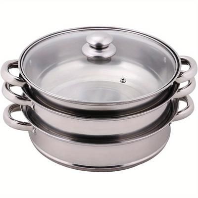 TEMU 27cm Steamer Pot 3 Tier Induction Hob Stainless Steel Pan Cooker Set Glass Lid