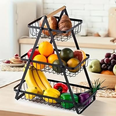 TEMU Modern Metal Fruit And Vegetable Basket With Detachable Bowl-shaped Storage And Wooden Handle For Kitchen Organization, Christmas/halloween Gift, Countertop, Bathroom