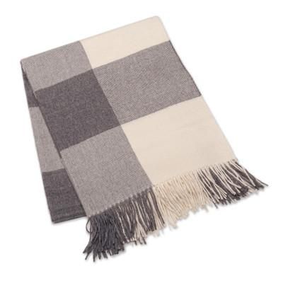 Cozy Moments,'Checkered Grey Ivory Fringed Woven 100% Baby Alpaca Throw'