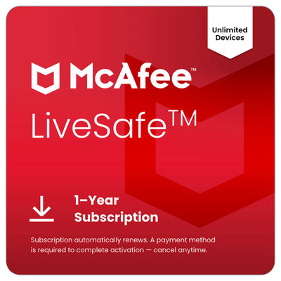 Mcafee Livesafe Antivirus & Internet Security Software, Unlimited Devices, 1-Year With Auto-Renewal, Digital Download