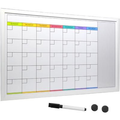 Excello Global Products Magnetic Dry-Erase Monthly Calendar Whiteboard, Porcelain, 20" X 30", White Wood Frame