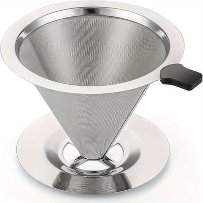 TEMU Pour Over Coffee Dripper Stainless Steel V60 Coffee Filter Metal Cone Filter Coffee Filter Single Cup Coffee Maker 1-2 Cup With Non-removable Base