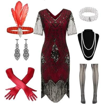 Anni Ruggenti Anni 1920 Lunghezza al ginocchio Abito Flapper Costume da festa Manica illusione Maniche corte Il grande Gatsby Frangia con nappe Paillettes Nappa Scollo a V Costume Per donna Carnevale