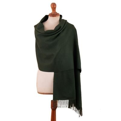 Simple Beauty in Moss Green,'100% Baby Alpaca Shawl in Moss Green with Fringed Ends'