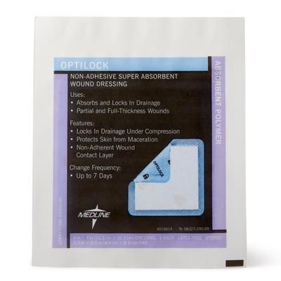 Medline OptiLock Nonadhesive Super Absorbent Wound Dressings, 4" x 4", in Educational Packaging, 1 EA (MSC6444EPH)