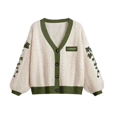 Pull en tricot torsadé boutonné pour femme, cardigan version Taylor, tenue vintage, vigne verte brodée, automne et hiver