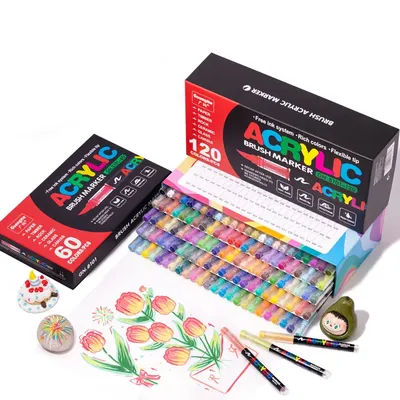 120/72/60 Colors Waterproof Acrylic Marker Pens with Soft Brush Nib, Students' Art on Glass, Stone, Metal, Wood, Plastic &Paper