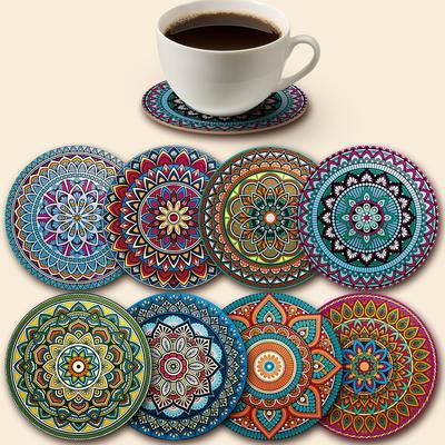 TEMU 8pcs Mandala Coasters, Wooden Coaster Set, Essential For Holiday Gatherings, Suitable For Bars, Offices, And Homes, Size 10cm X 10cm