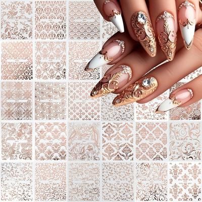 TEMU 30pcs Elegant Floral & Geometric 3d Nail Art Stickers - Vine Designs, Shimmer , Self-adhesive Decals For Women's Wedding & Valentine's Day , Nail Accessories