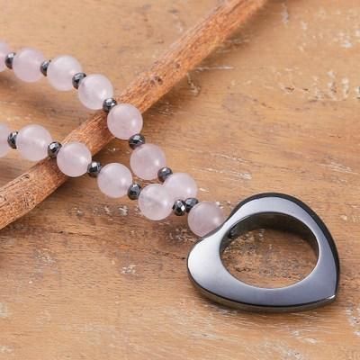 Heart for Love,'Handmade Rose Quartz and Hematite Heart Pendant Necklace'
