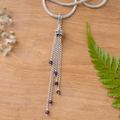 Raining Violets,'Silver Pendant Necklace with Dangling Amethyst Gemstones'
